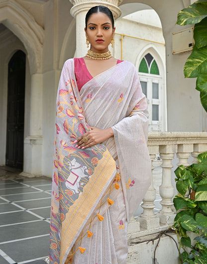 Off White & Light Yellow Soft Muga Silk Saree With Floral Weaving Work