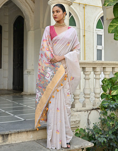 Off White & Light Yellow Soft Muga Silk Saree With Floral Weaving Work