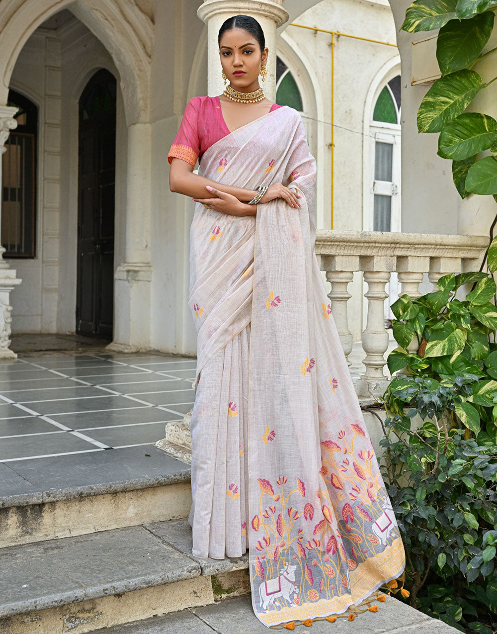 Off White & Light Yellow Soft Muga Silk Saree With Floral Weaving Work