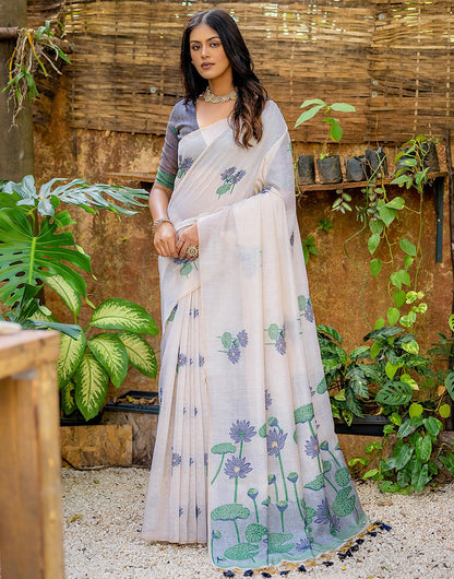 Navy Blue Soft Muga Silk Saree With Floral Weaving Work