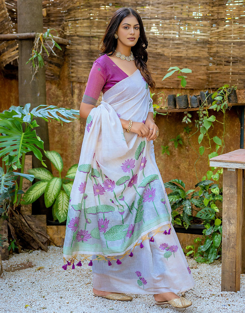 Purple Soft Muga Silk Saree With Floral Weaving Work