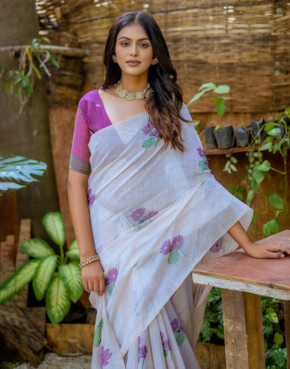 Purple Soft Muga Silk Saree With Floral Weaving Work