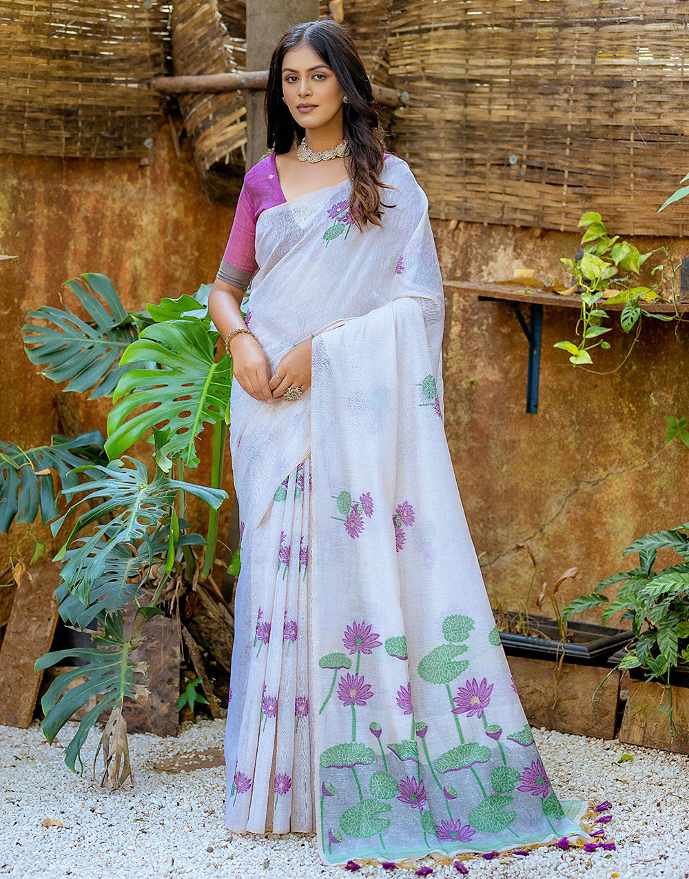 Purple Soft Muga Silk Saree With Floral Weaving Work