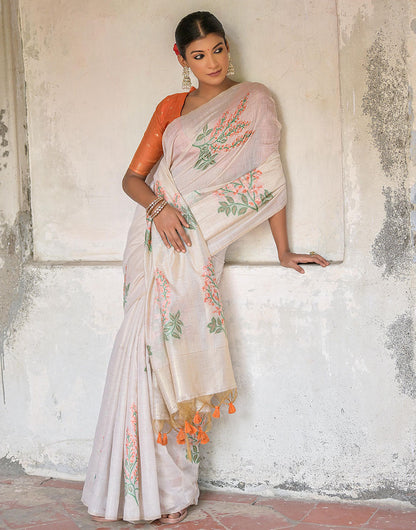 Orange & White Soft Muga Silk Saree With Weaving Work