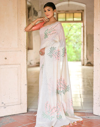 Peach & White Soft Muga Silk Saree With Weaving Work