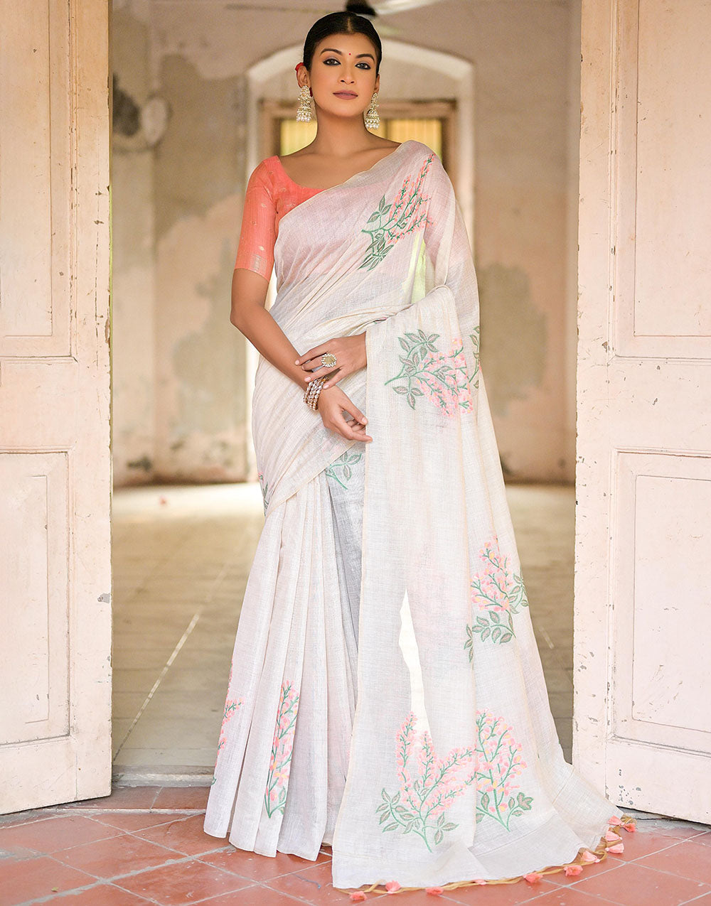 Peach & White Soft Muga Silk Saree With Weaving Work