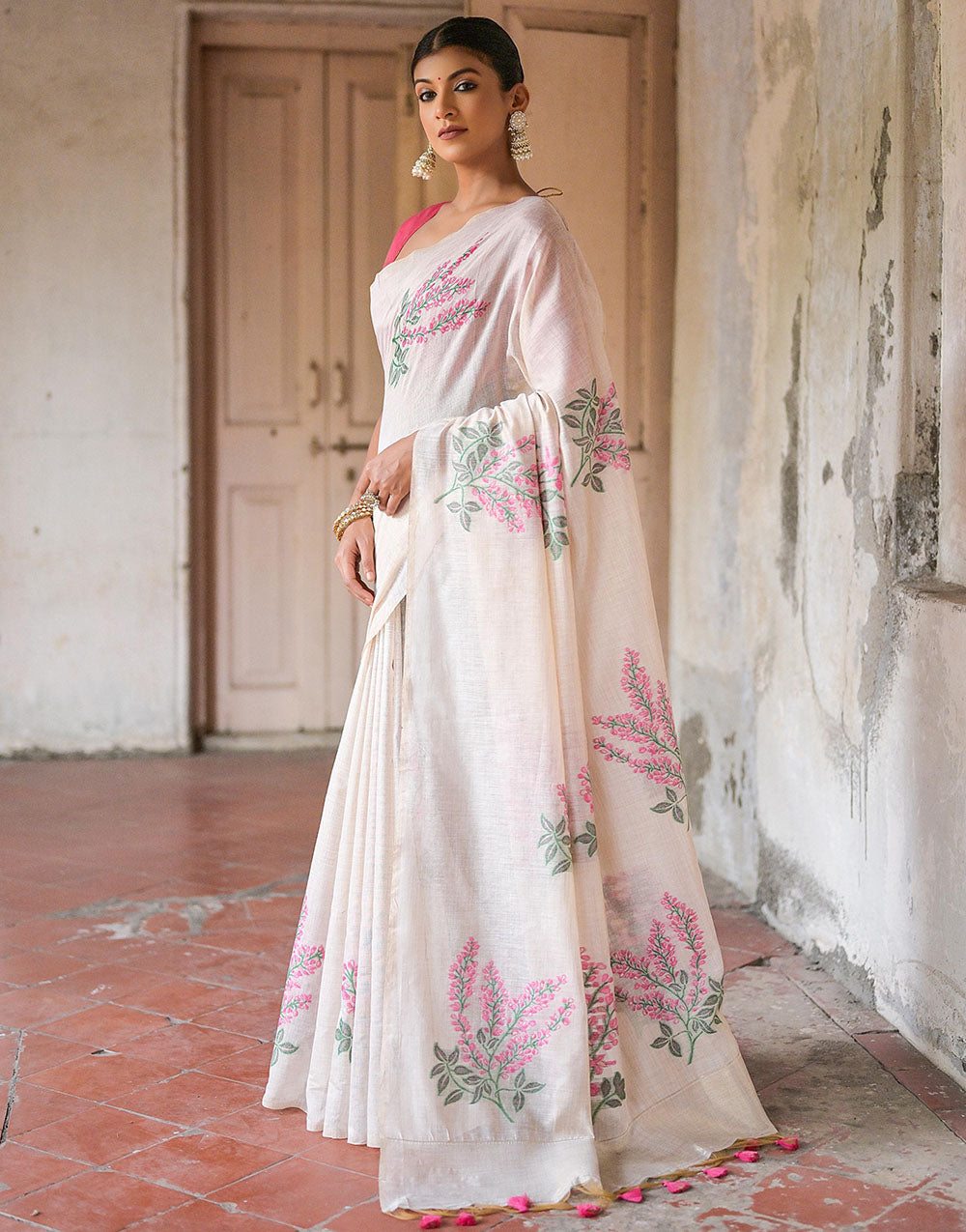 Punch Pink & White Soft Muga Silk Saree With Weaving Work