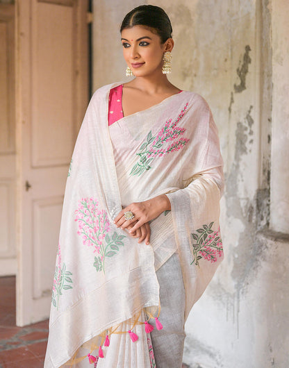 Punch Pink & White Soft Muga Silk Saree With Weaving Work