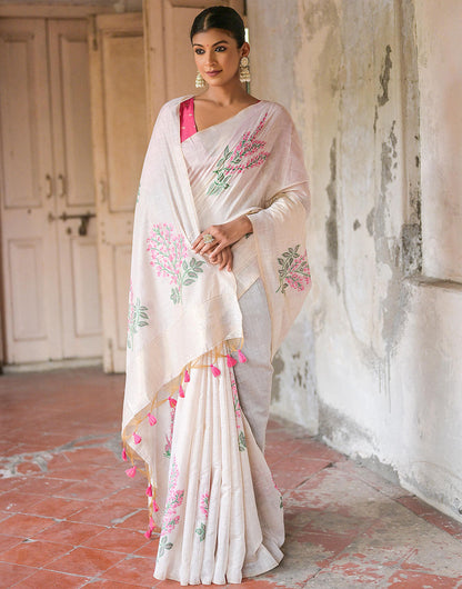 Punch Pink & White Soft Muga Silk Saree With Weaving Work