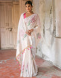 Punch Pink & White Soft Muga Silk Saree With Weaving Work