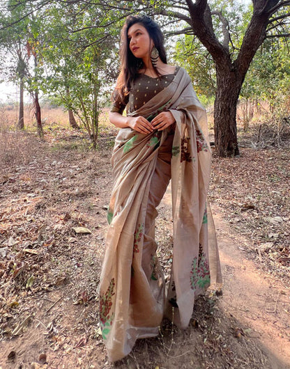 Tan Brown Soft Muga Silk Saree With Floral Printed Work