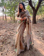 Tan Brown Soft Muga Silk Saree With Floral Printed Work