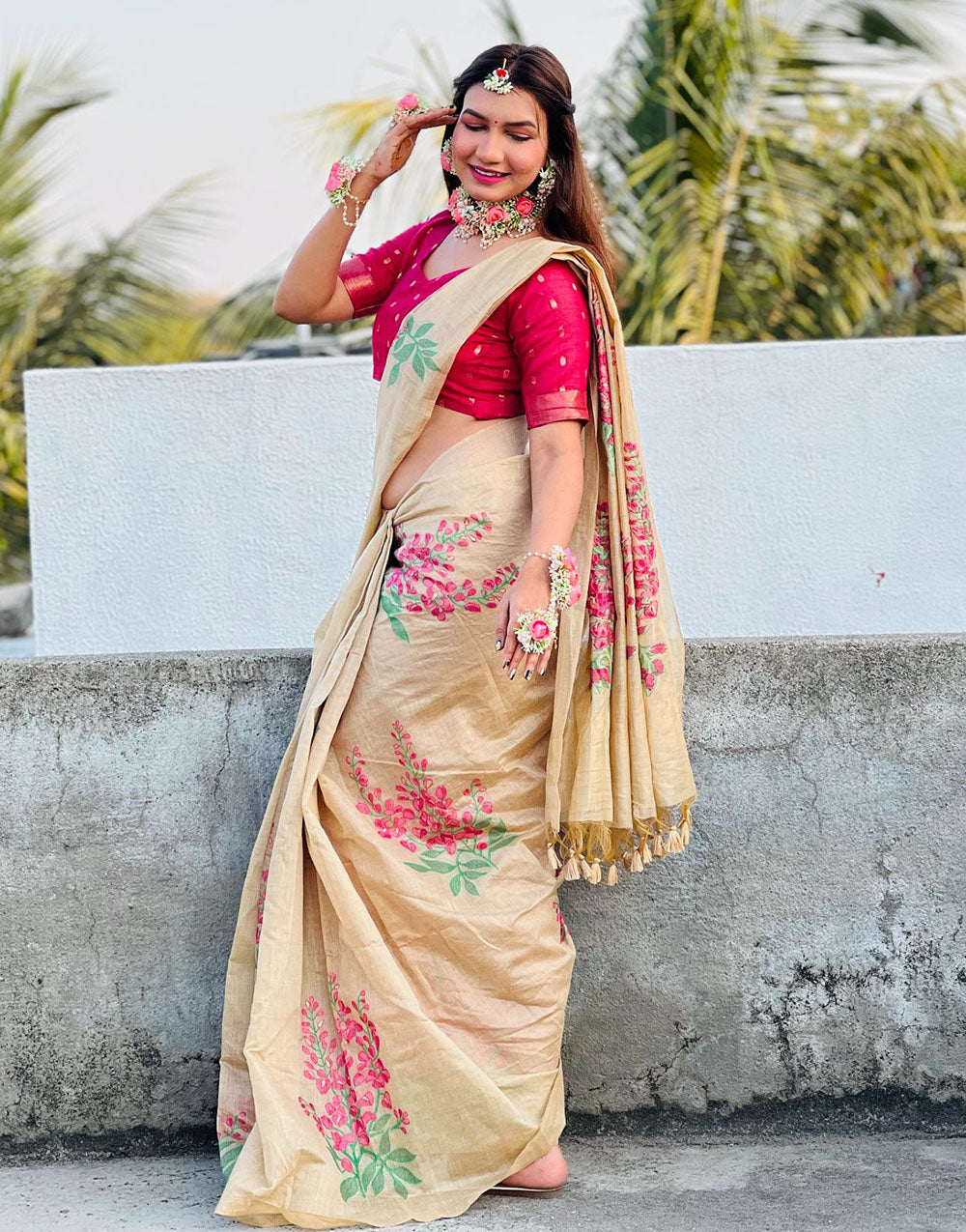 Cream Soft Muga Silk Saree With Floral Printed Work