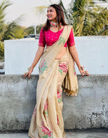 Cream Soft Muga Silk Saree With Floral Printed Work