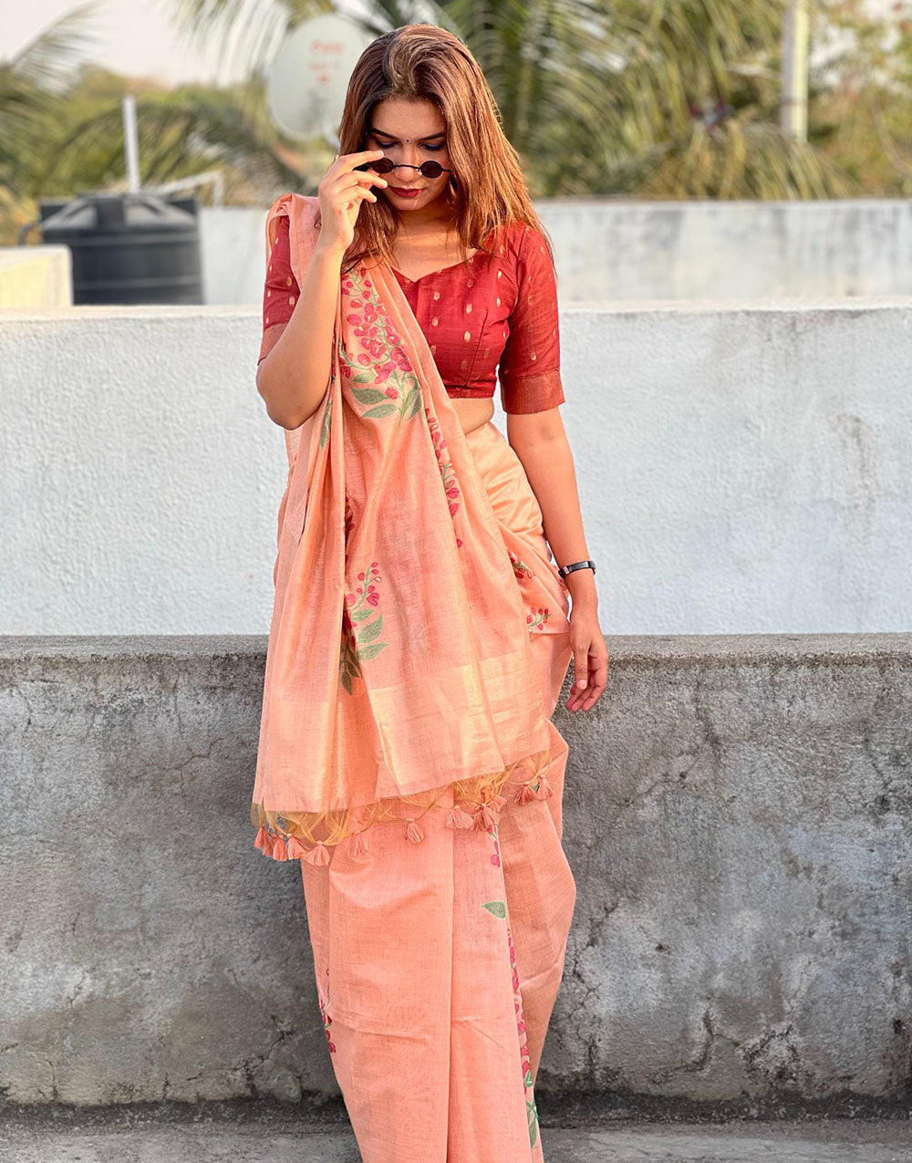 Peach Soft Muga Silk Saree With Floral Printed Work