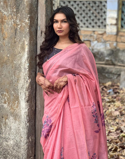 Pink Soft Muga Silk Saree With Floral Printed Work