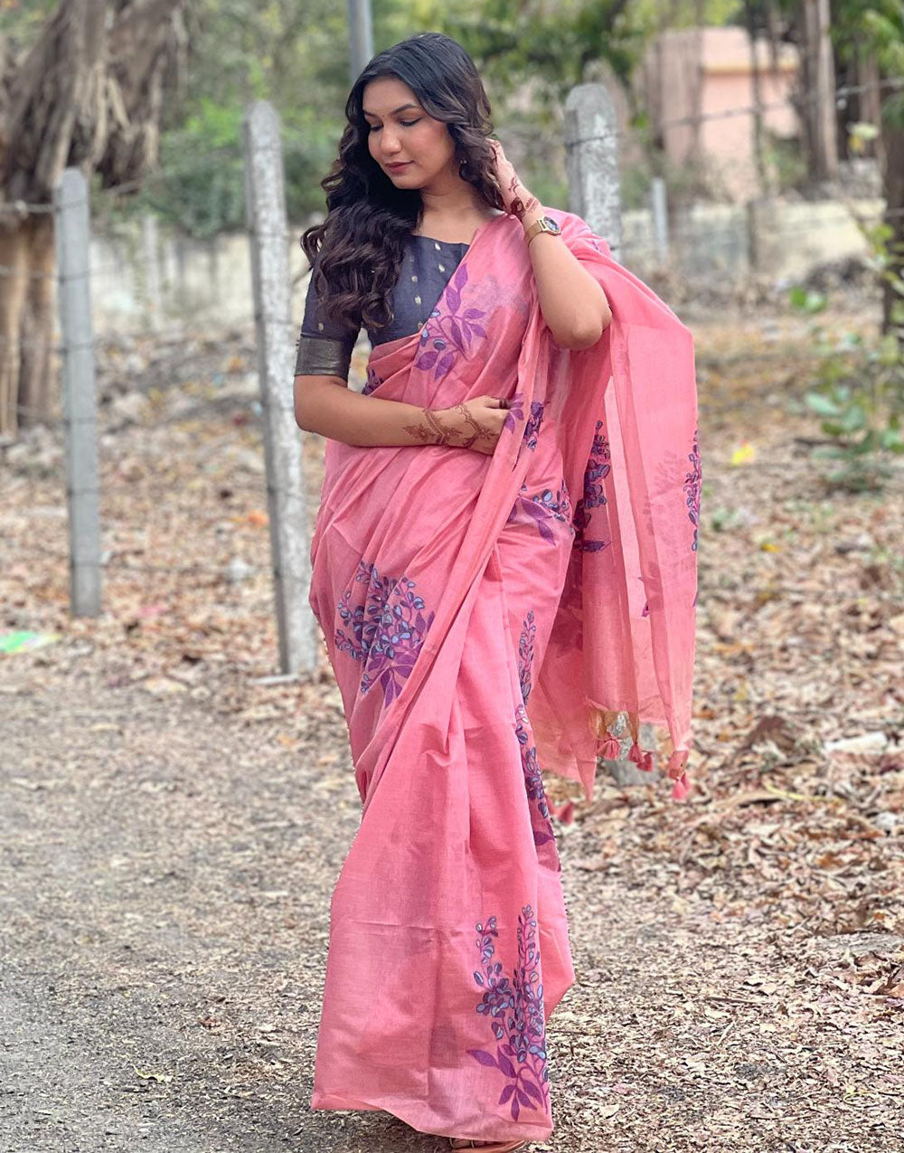 Pink Soft Muga Silk Saree With Floral Printed Work