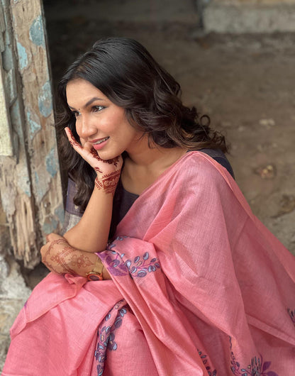 Pink Soft Muga Silk Saree With Floral Printed Work