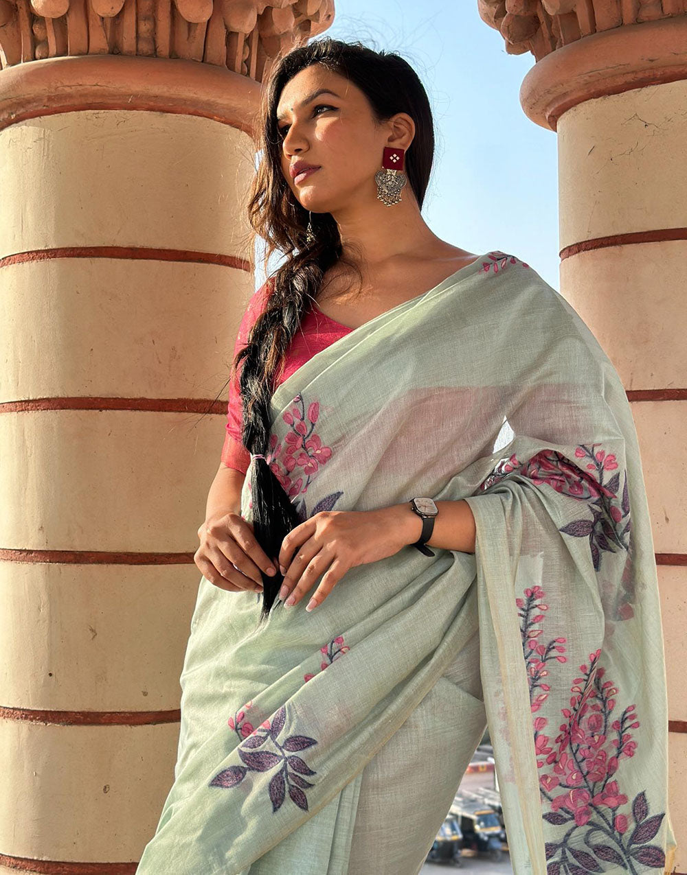 Seafoam Green Soft Muga Silk Saree With Floral Printed Work