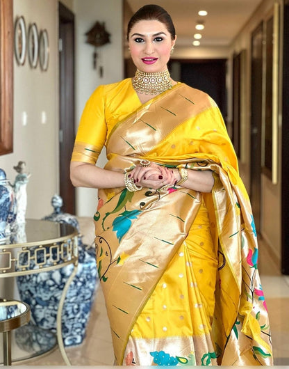 Yellow Paithani Silk Saree With Zari Weaving Work