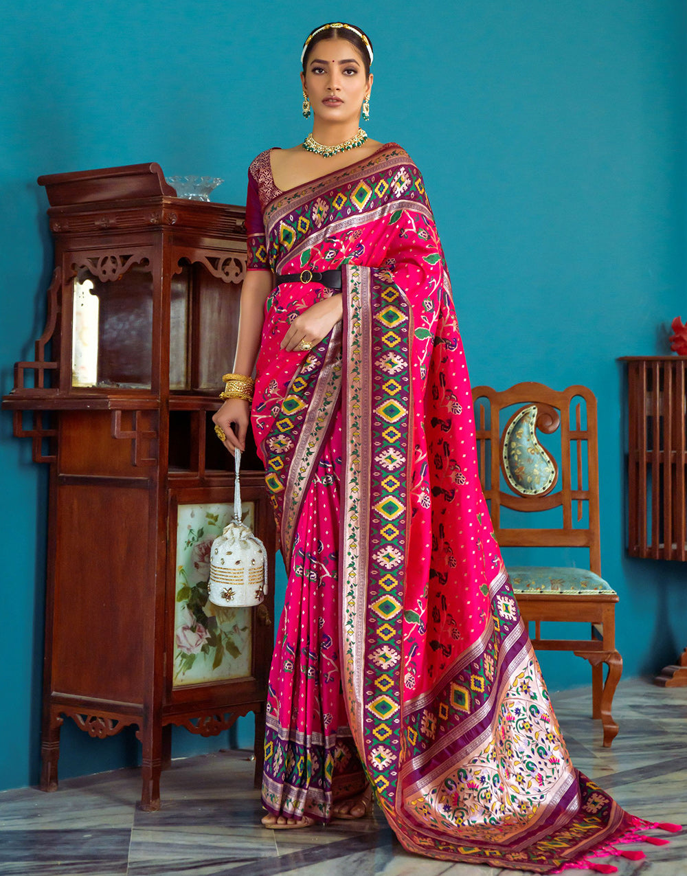 Dark Pink Paithani Silk Saree With Zari Weaving Work