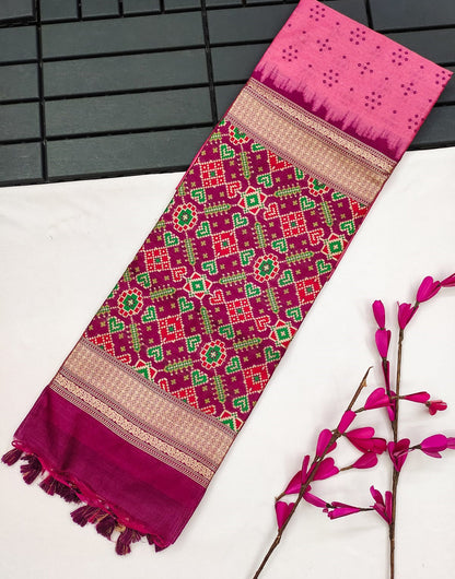 Pink Tussar Silk Saree With Patola Pallu & Weaving Work