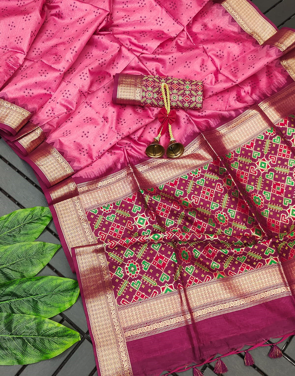 Pink Tussar Silk Saree With Patola Pallu & Weaving Work