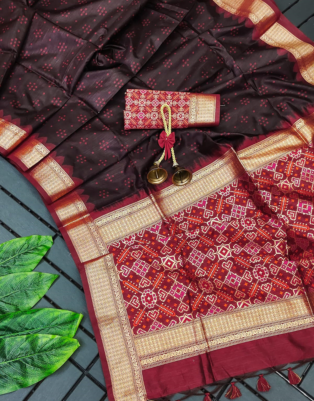 Dark Brown Tussar Silk Saree With Patola Pallu & Weaving Work