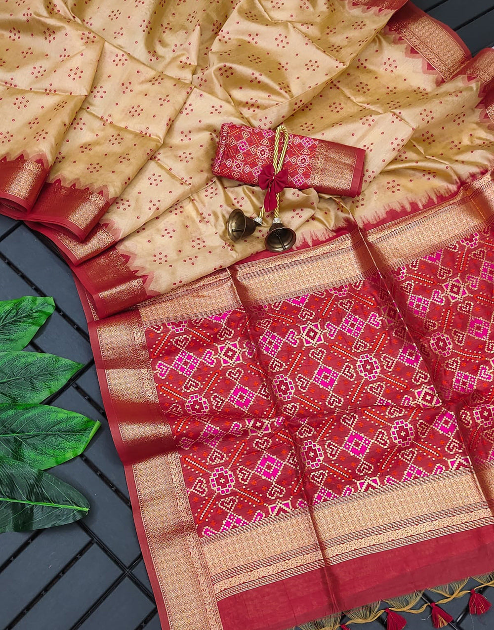 Dark Cream Tussar Silk Saree With Patola Pallu & Weaving Work