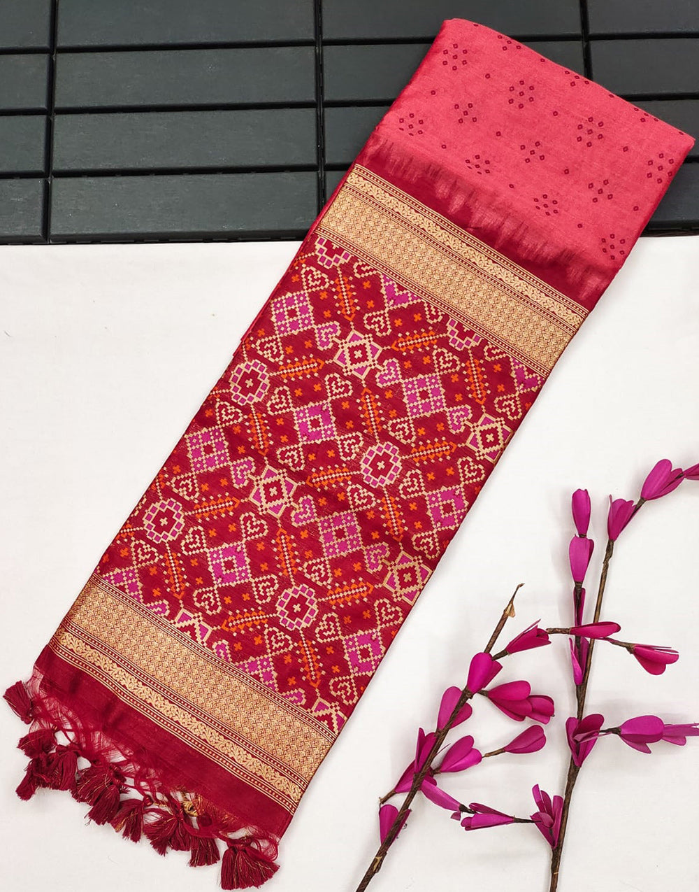 Red Tussar Silk Saree With Patola Pallu & Weaving Work