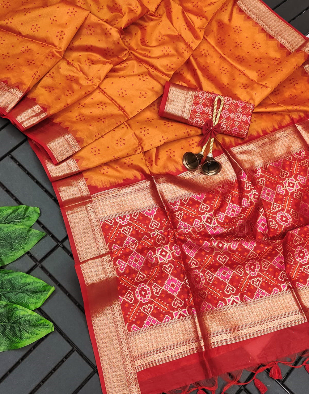 Orange Tussar Silk Saree With Patola Pallu & Weaving Work