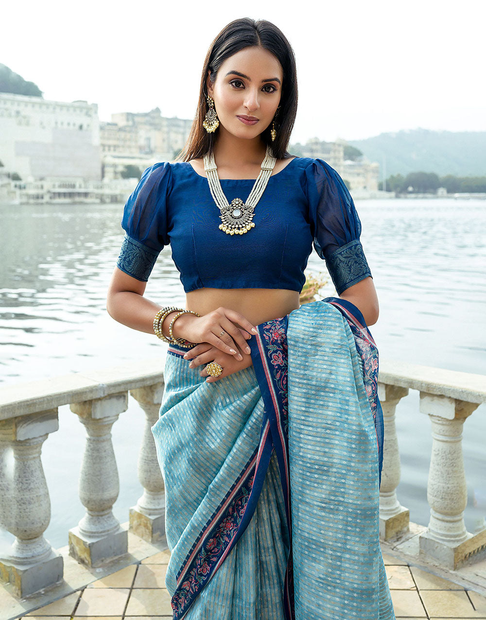 Firozi Soft Silk Saree With Weaving Work