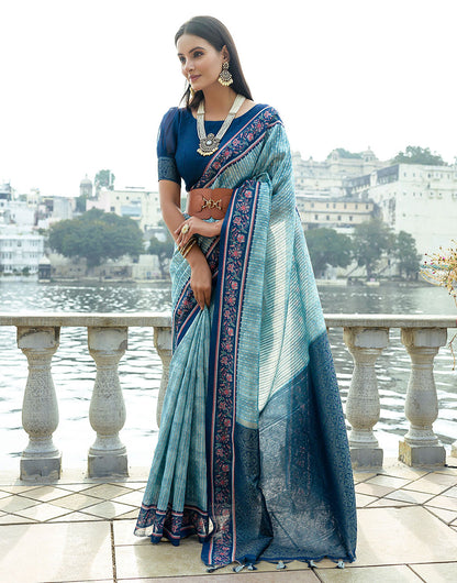 Firozi Soft Silk Saree With Weaving Work