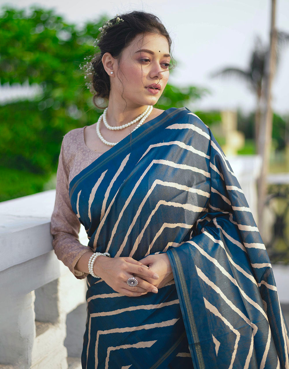 Prussian Blue Tussar Silk Saree With Lehariya Printed Work