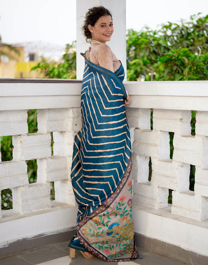 Prussian Blue Tussar Silk Saree With Lehariya Printed Work