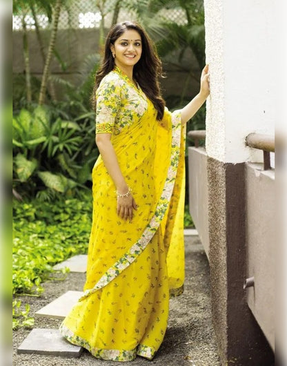 Yellow Georgette Saree With Printed Work