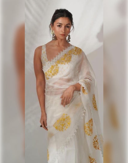 White Georgette Saree With Embroidery Work