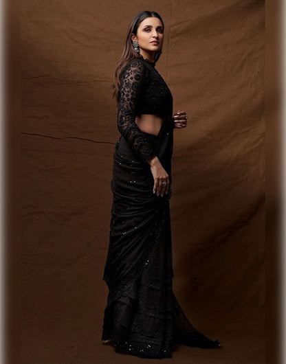 Black Georgette Saree With Embroidery Work & Sequence Work