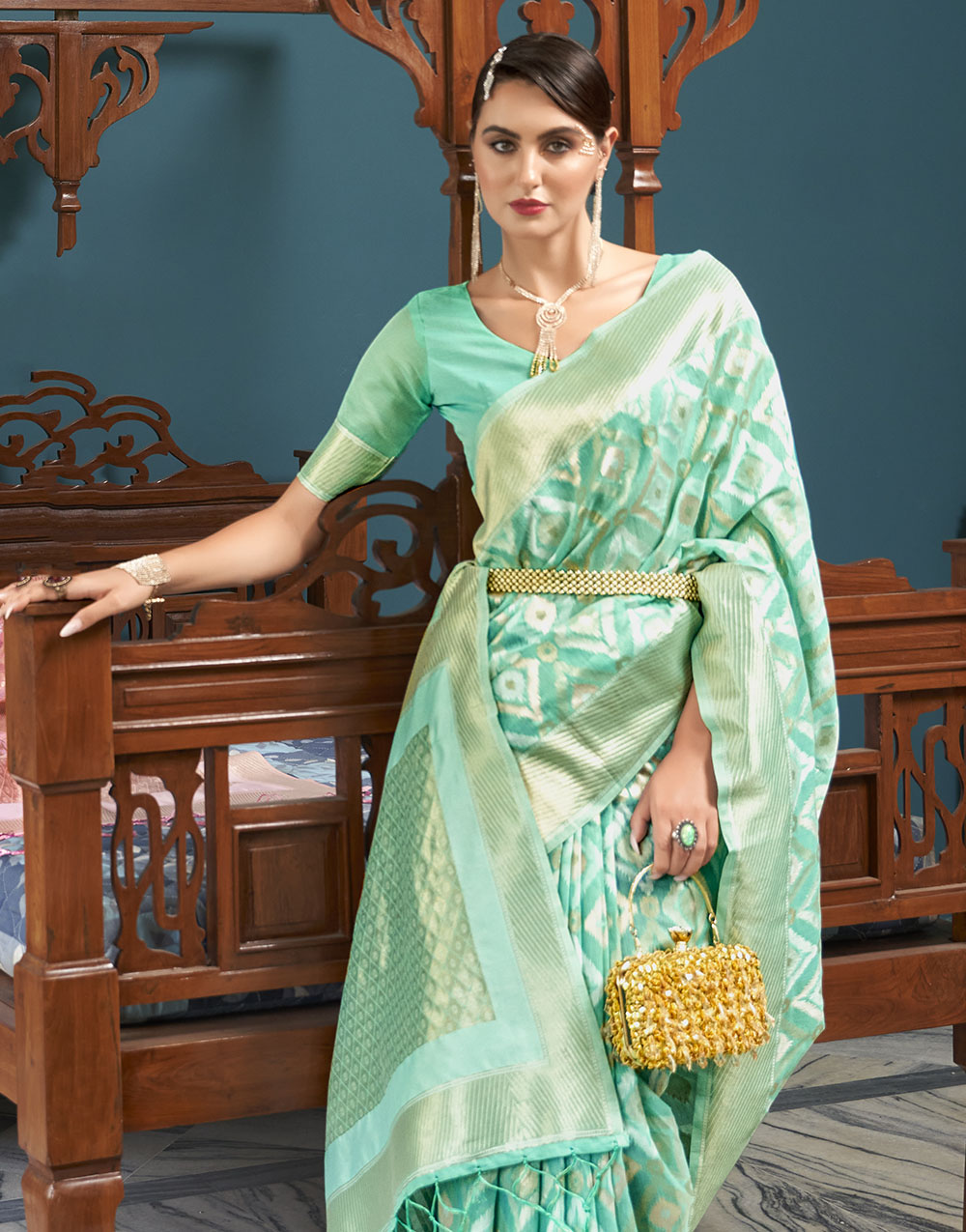 Tiffany Blue Linen Saree With Zari Weaving Work