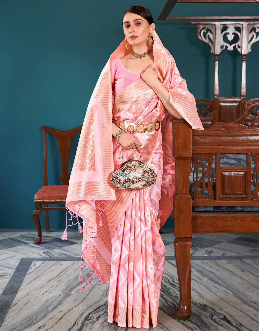 Pink Linen Saree With Zari Weaving Work