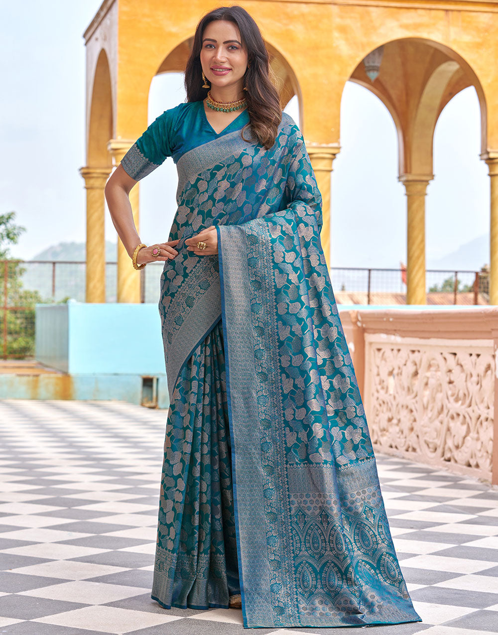Rama Blue Kanjivaram Silk With Weaving Saree