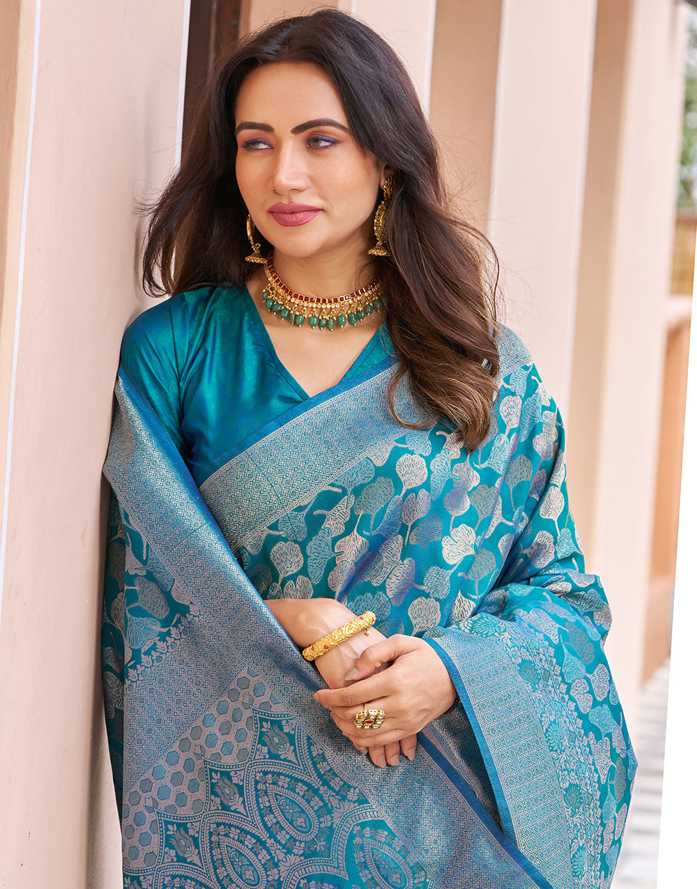 Rama Blue Kanjivaram Silk With Weaving Saree
