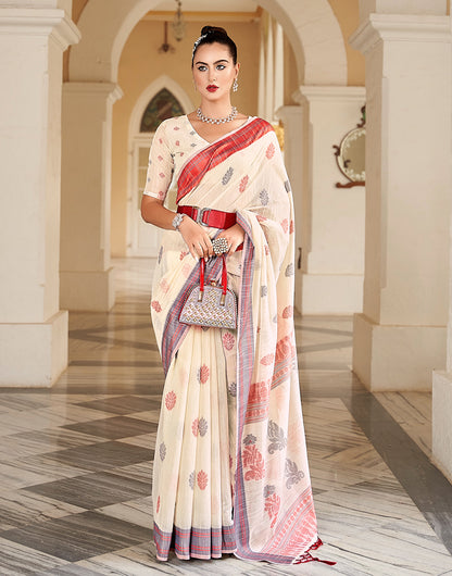 Off White Linen Saree With Printed Work