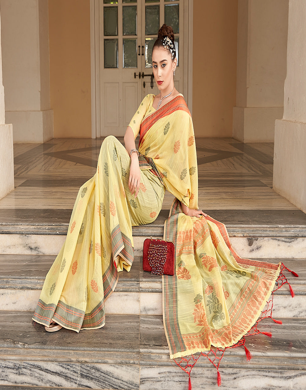 Yellow Linen Saree With Printed Work