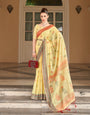 Yellow Linen Saree With Printed Work