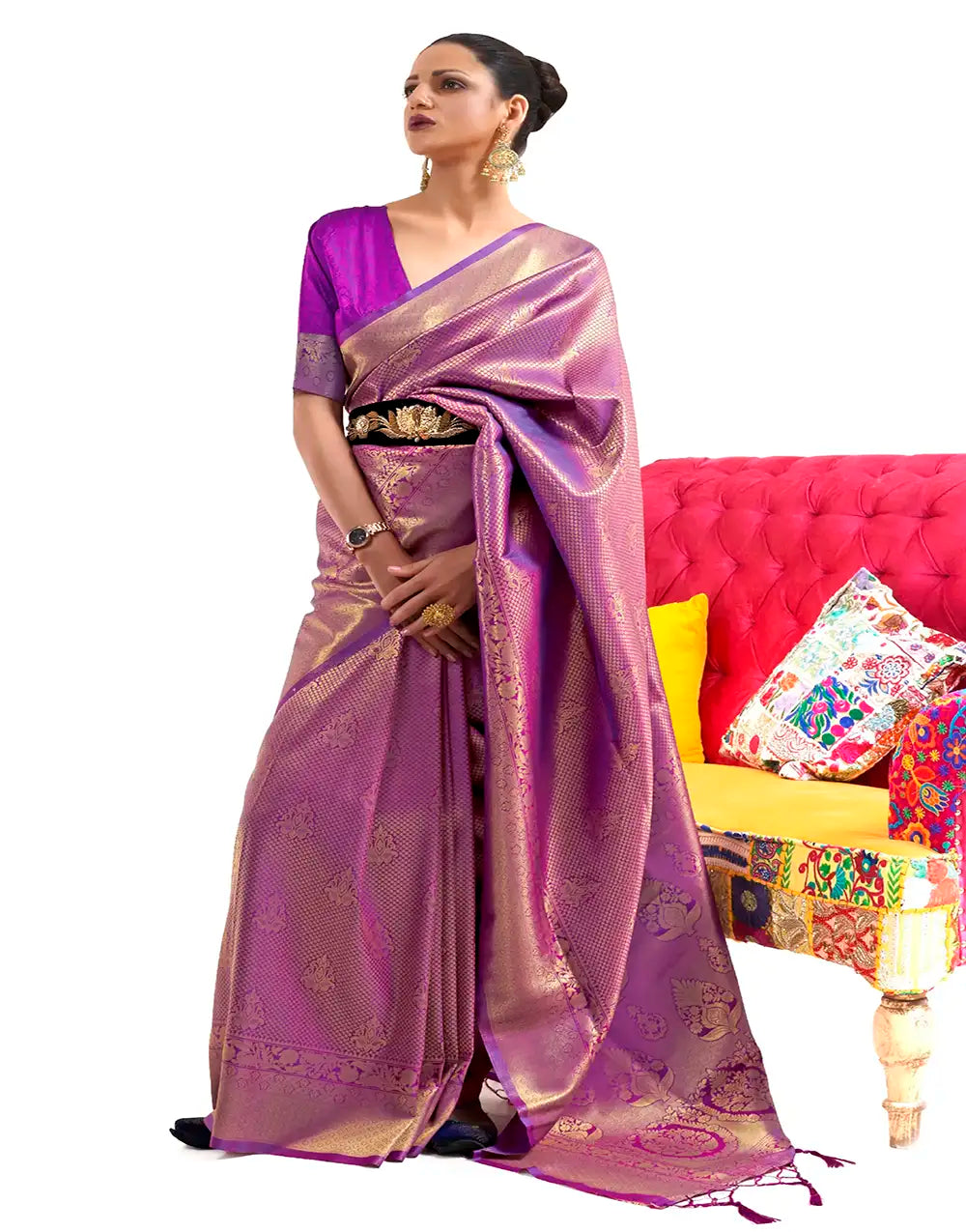 Purple Soft Kanjivaram Silk Saree With Zari Weaving Work