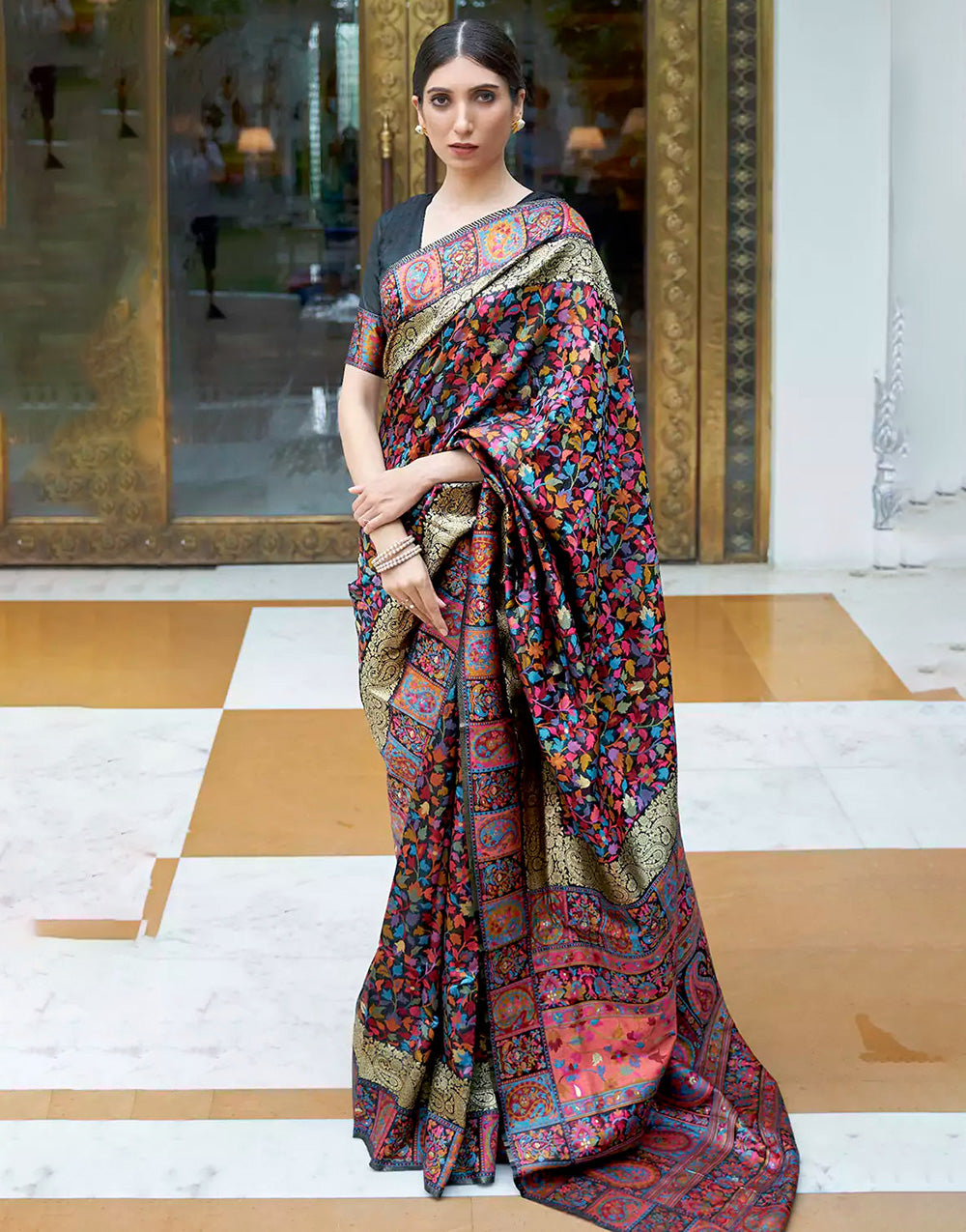 Latest Black Colour Banarasi Silk Saree With Zari Weaving