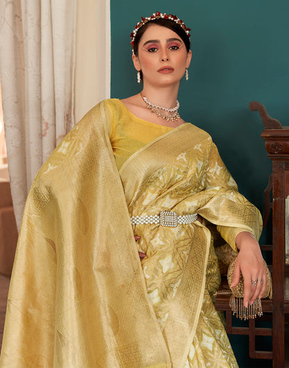 Light Lemon Yellow Cotton Saree With Weaving Work