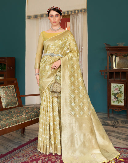 Light Lemon Yellow Cotton Saree With Weaving Work