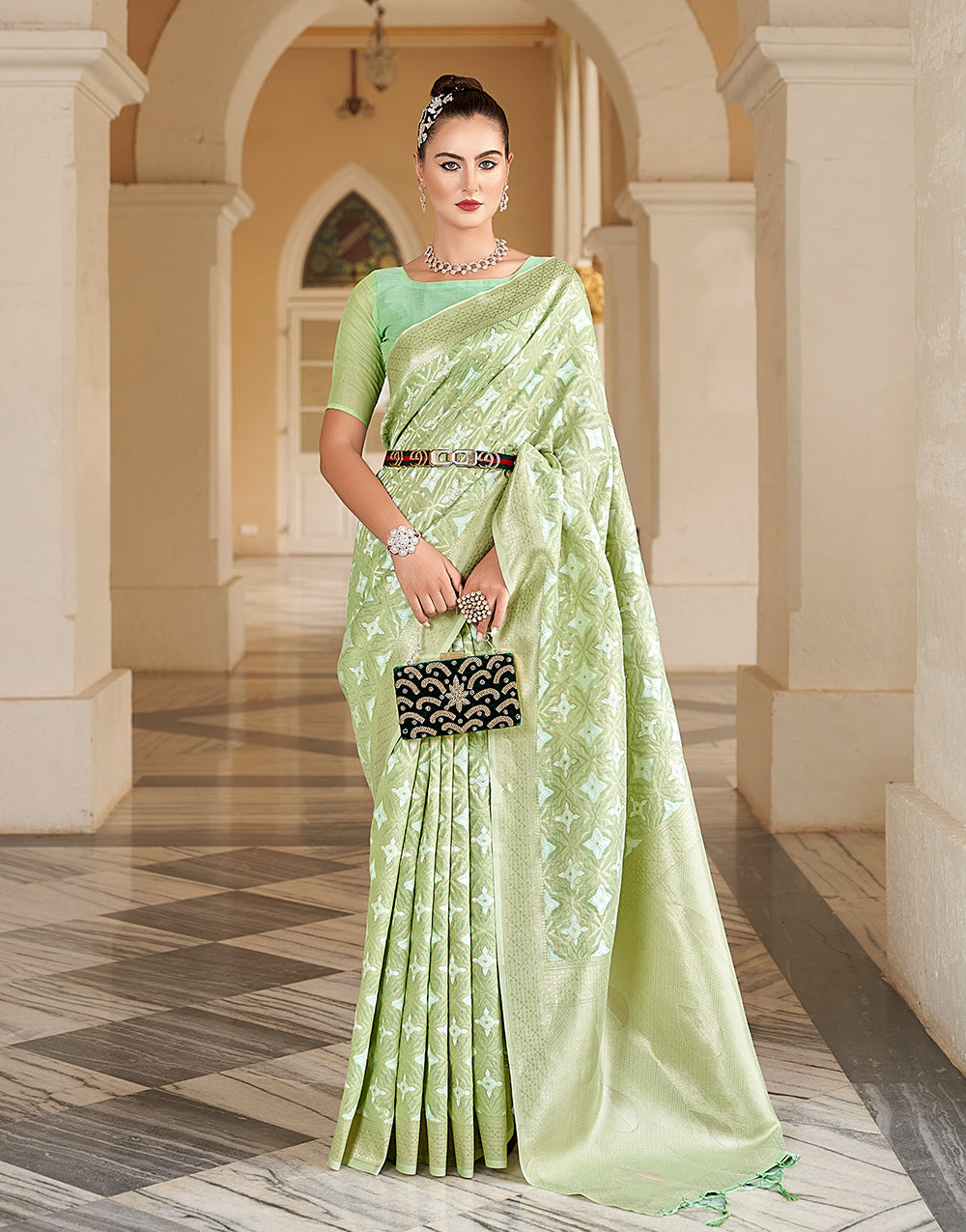 Mint Green Cotton Saree With Weaving Work